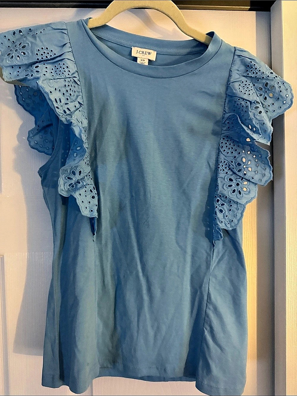 J.Crew Eyelet Ruffle-Sleeve Top Blue XS